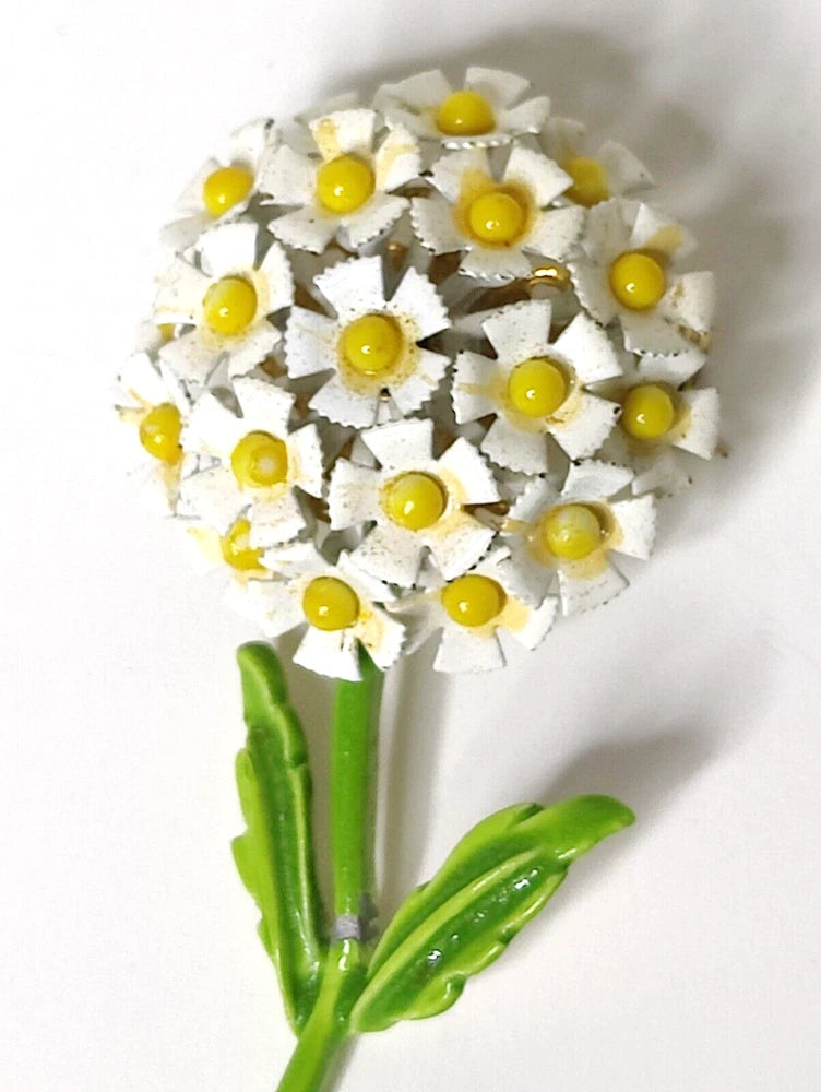 Vintage Hydrangea White and Yellow Metal  Stemmed Flower Brooch Pin 2.5" Hydrangea