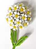 Vintage Hydrangea White and Yellow Metal  Stemmed Flower Brooch Pin 2.5" Hydrangea