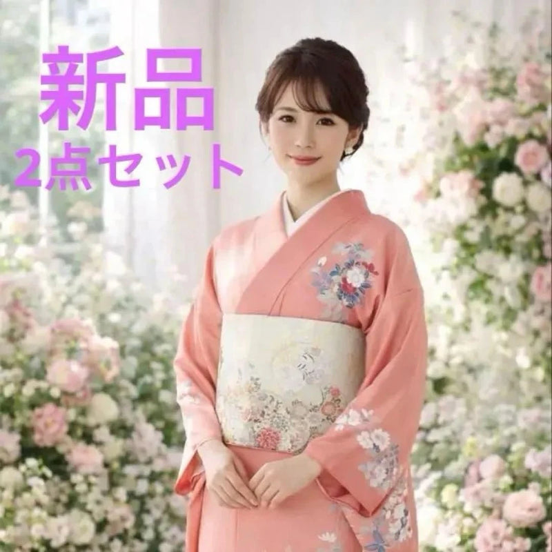 Women's pink silk kimono and obi set with floral pattern