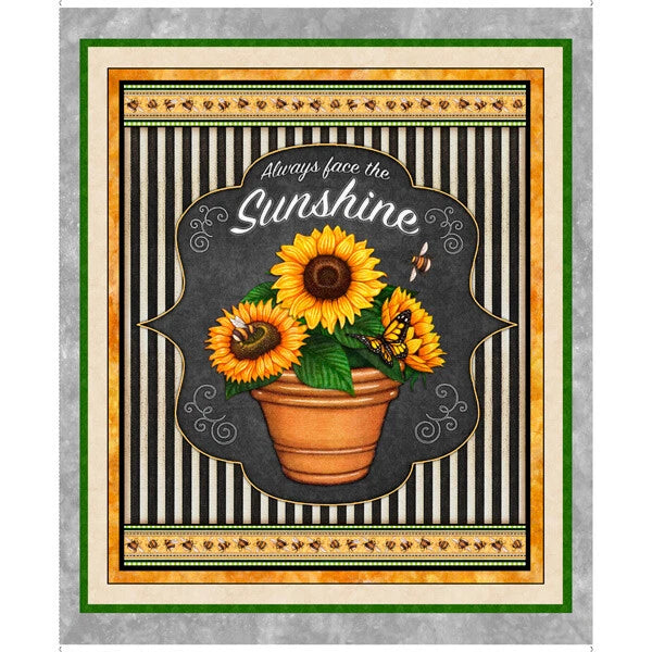 Sunflower fabric panel with potted sunflowers and striped border