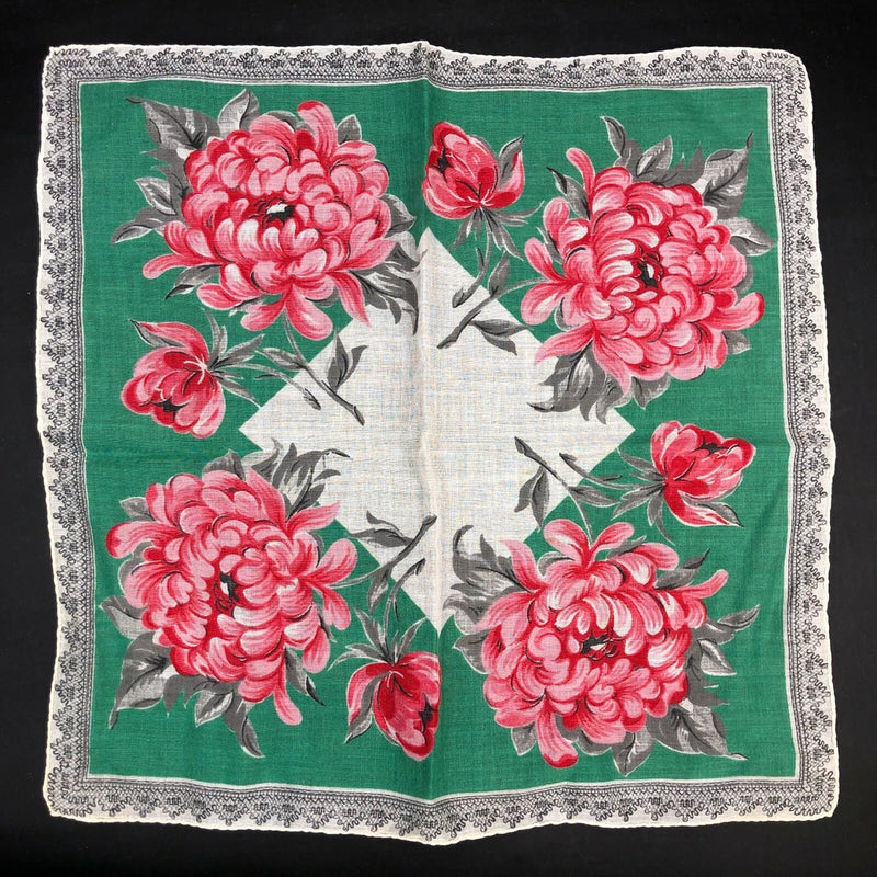 Lovely VTG Handkerchief Hanky BOLD Peony Rose Flower Red Green Gray Lace Print Peony