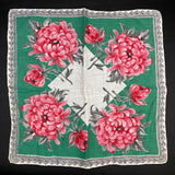 Lovely VTG Handkerchief Hanky BOLD Peony Rose Flower Red Green Gray Lace Print Peony