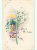 Pre-linen fabric with printed church and Easter lily flowers