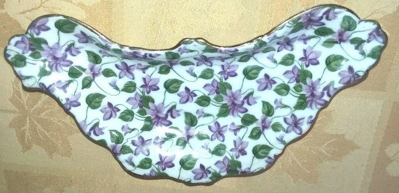 Royal Crown Chintz Bone Dish Violets Cosmos Carnations Cherry Blossoms Gold Rim Carnation