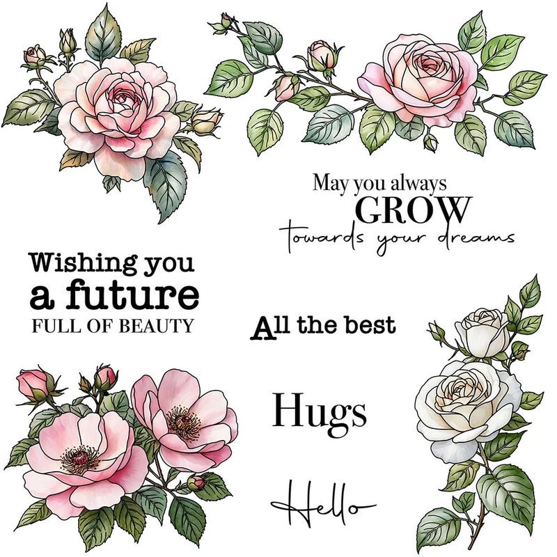 Clear stamp sheet with pink roses, green leaves, and greeting text like 'Hello'