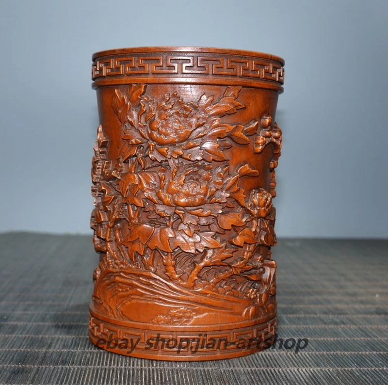 4.7" Collect Chinese Box-wood Carving Peony Flower Brush Pot Statue Peony