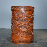 4.7" Collect Chinese Box-wood Carving Peony Flower Brush Pot Statue Peony