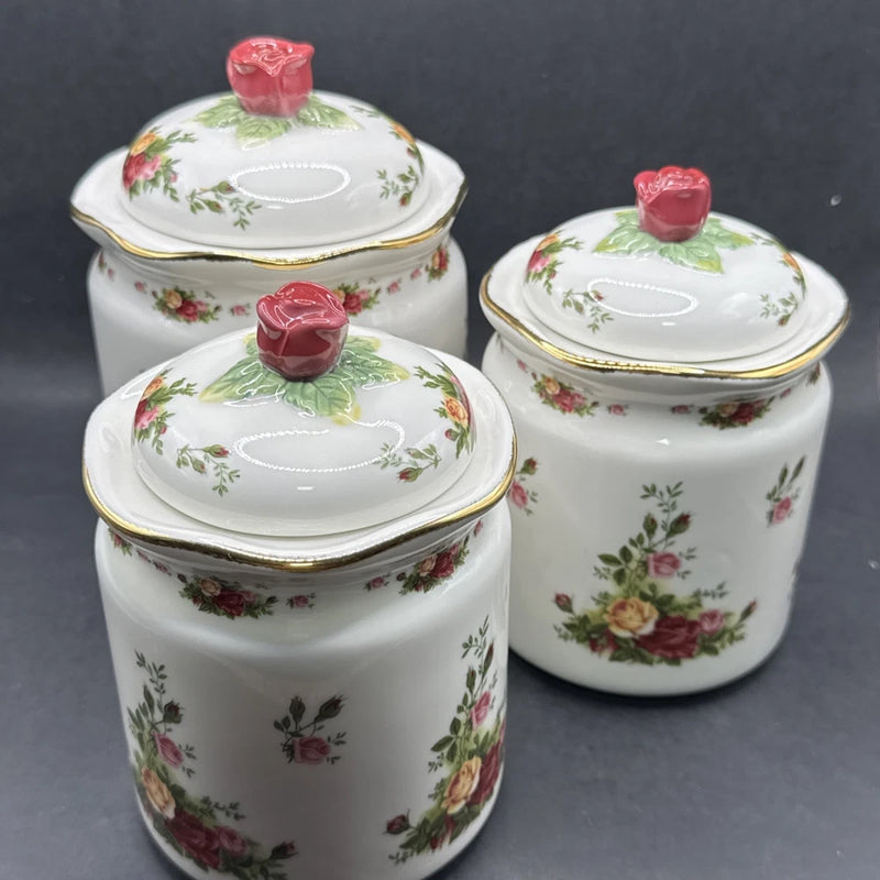 Royal Albert Old Country Roses canister set of 3 in bone china, floral with rose lids