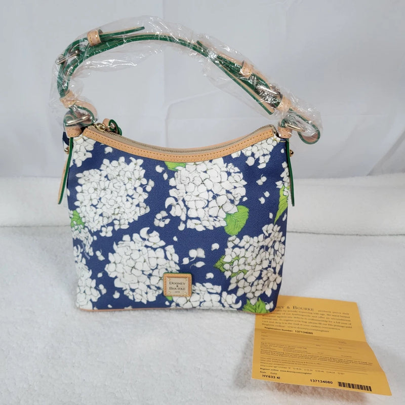 Dooney & Bourke Hydrangea Lucy Hobo Blue White Shoulder Bag Floral Print Coated Hydrangea
