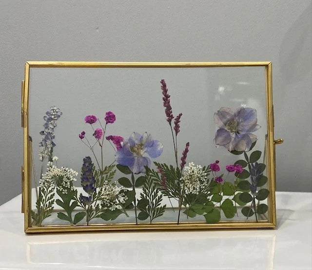 Handmade Pressed Real Dried Flowers in Double Glass Brass Frame Green Plant