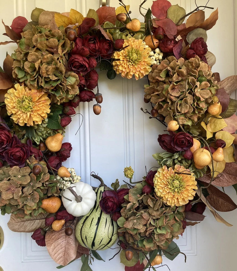 Fall Wreath With Burgundy Peonies, Yellow Dahlias, And Brown Hydrangeas Hydrangea