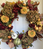 Fall Wreath With Burgundy Peonies, Yellow Dahlias, And Brown Hydrangeas Hydrangea