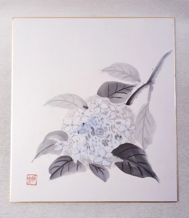 Vintage Japanese Shikishi Art board Hand Painted Blue Hydrangea Flower Hydrangea