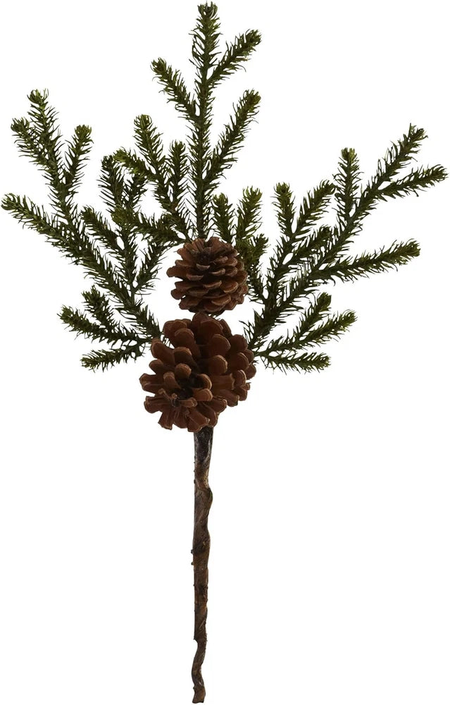Artificial pine and pinecone stem with dark brown cones, green needles, realistic branches