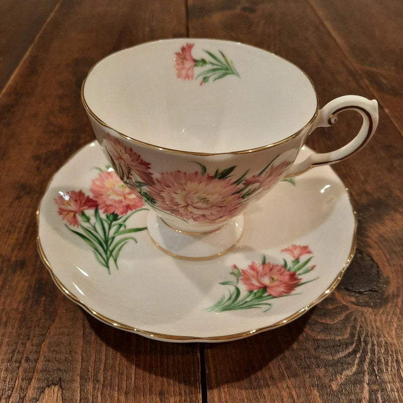 Vintage Tuscan Bone China Cup & Saucer Set "Birthday Flowers" January Carnation Carnation