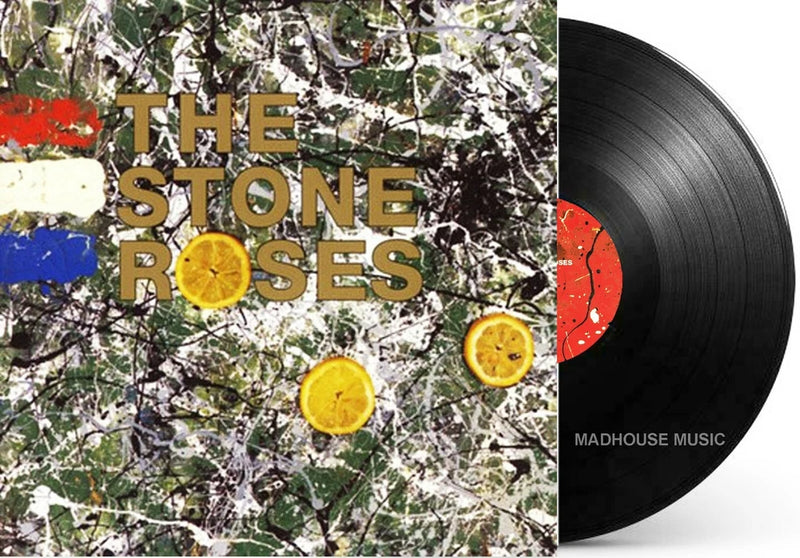 The Stone Roses debut vinyl record, black disc and collage album cover with title text