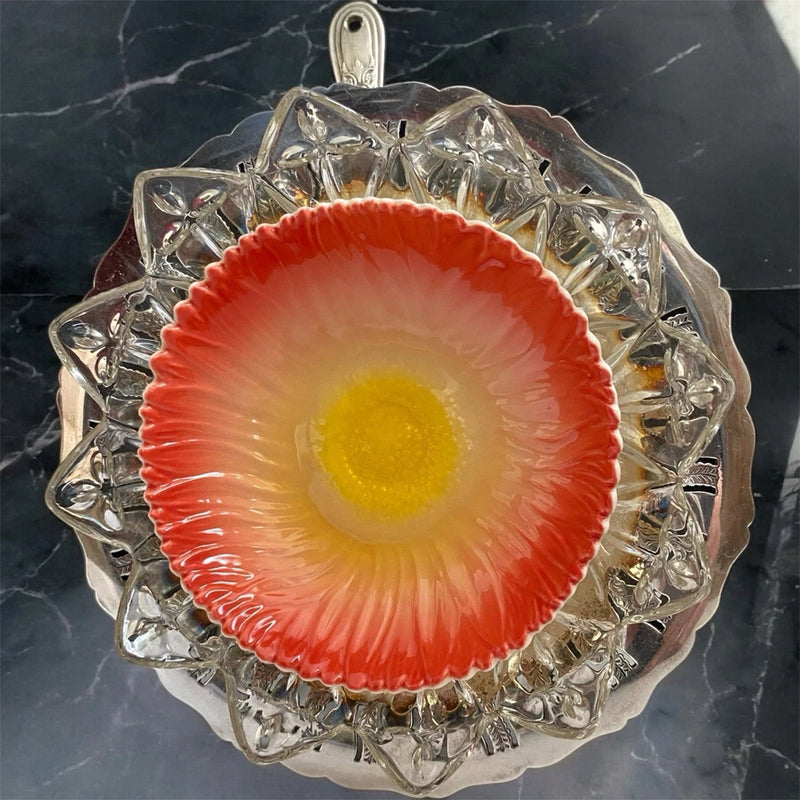 Vintage Glass & Silver-Plated Flower Dish ¥ Wall Decor Collectible Sunflower