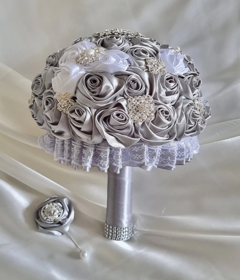 Bridal Bouquets White + Grey Satin Ribbon Roses, Crystal Brooches, Buttonhole... Bouquet
