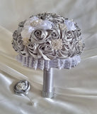 Bridal Bouquets White + Grey Satin Ribbon Roses, Crystal Brooches, Buttonhole... Bouquet