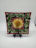Peggy Karr TUSCANY 9.5" Square Plate Fused Glass Olives Sunflower Flower Signed Sunflower