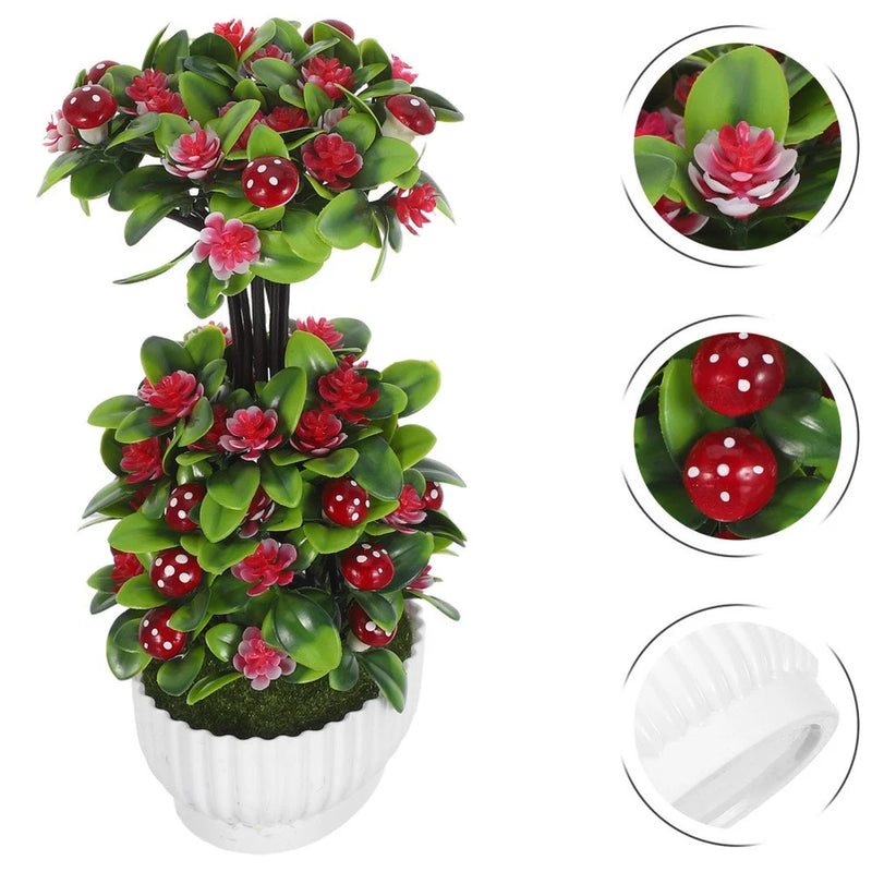 Small faux bonsai in white ribbed pot with green leaves and red flowers/berries