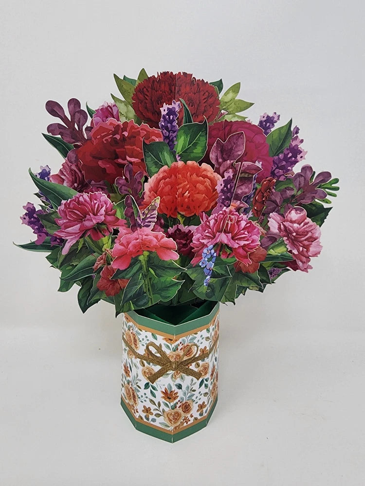 3D pop-up floral paper card bouquet with carnations in patterned paper vase
