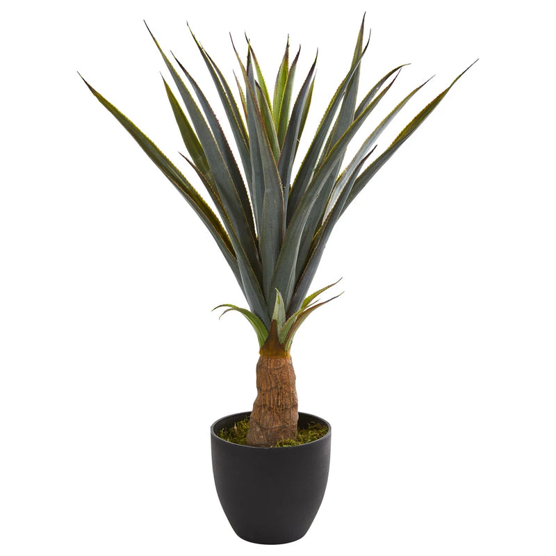 Artificial silk agave plant with green spiky leaves in black pot