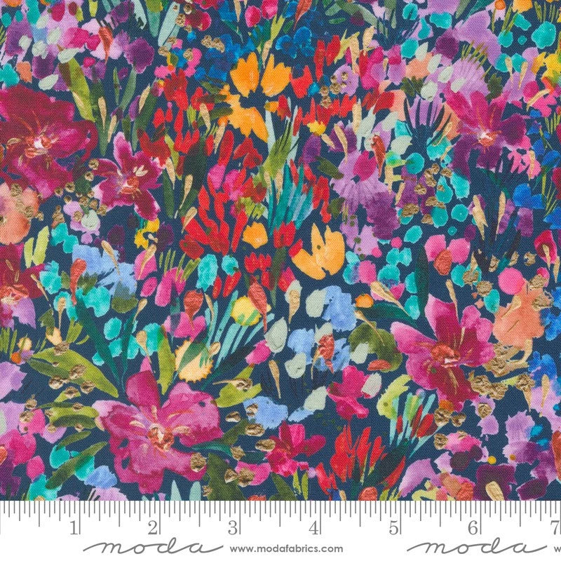 Floral fabric panel in dark blue with multicolor rose and leaf print