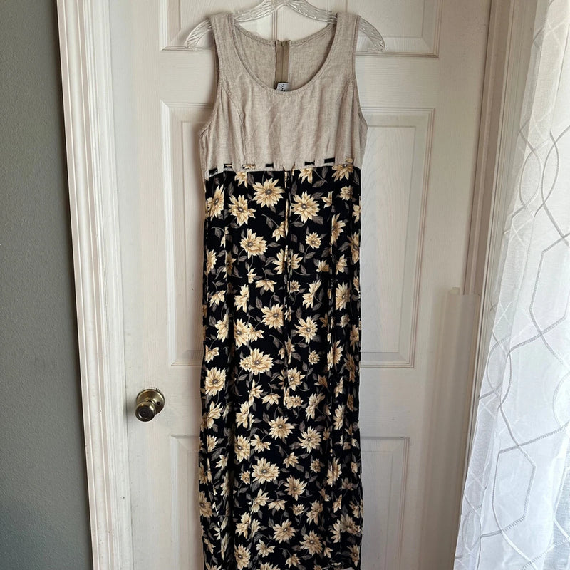 Vintage Sunflower Dress Sleeveless Tie Waist Belt Floral Summer Spring Size M Sunflower