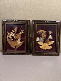 Vintage Pair Of Pressed Flowers On Velvet Art  With Carved Wooden Frames 1970Õs Dried Flower
