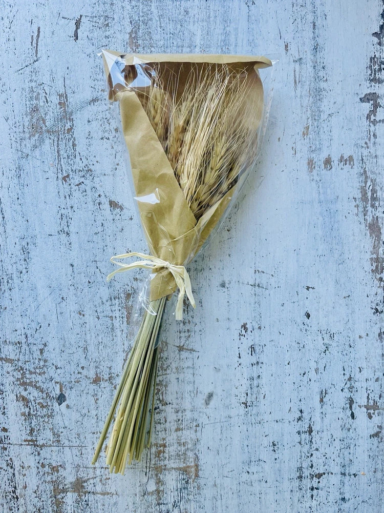Dried wheat bouquet with paper wrap and tied ribbon