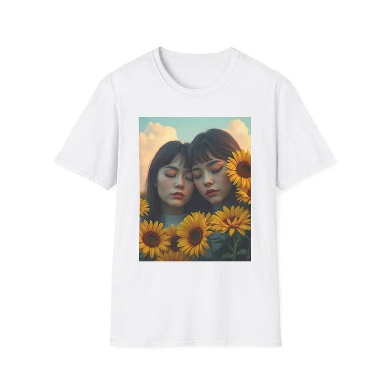 White unisex T-shirt with square print of two faces and yellow sunflowers