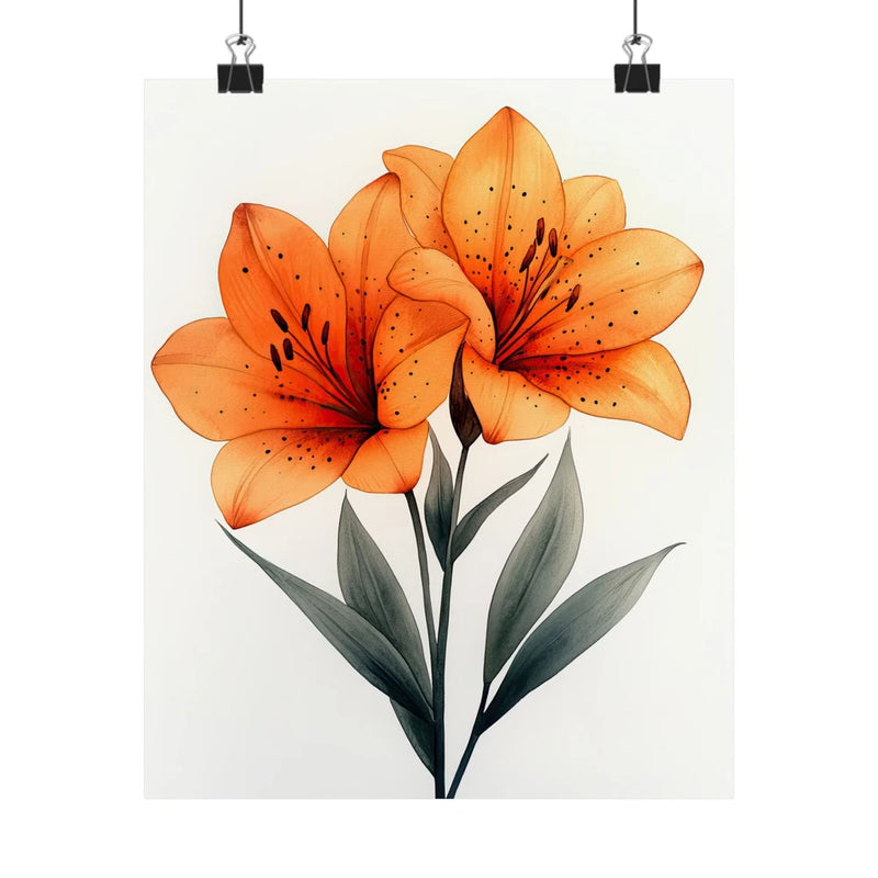 Orange lily flower art print poster with five blooms and dark speckled petals, green leaves