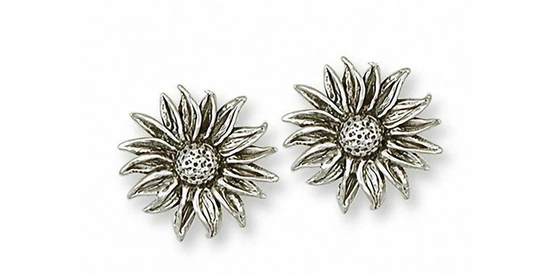 Sterling silver sunflower flower stud earrings, handmade style with detailed petals