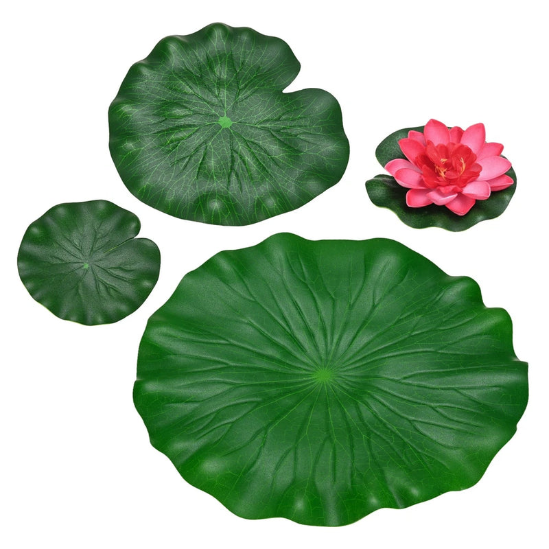 1-Set Artificial Foam Lotus Flower with Water Lily Pads, 4/7/11" [Dark Red] Lily