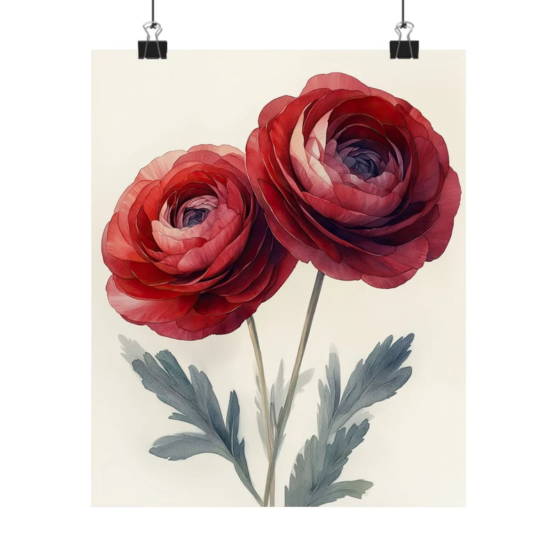 Boho Burgundy Ranunculus Flower Art Print Poster, Minimalist Floral Wall Art 5 Ranunculus