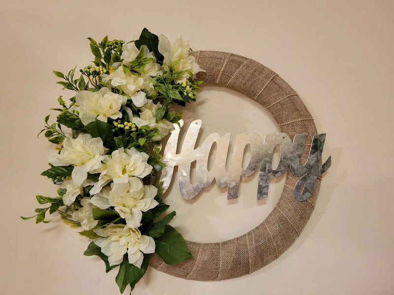 HAPPY white green Dahlias Zinnias burlap WREATH flowers Decor Front Door 16" new Hydrangea