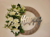 HAPPY white green Dahlias Zinnias burlap WREATH flowers Decor Front Door 16" new Hydrangea