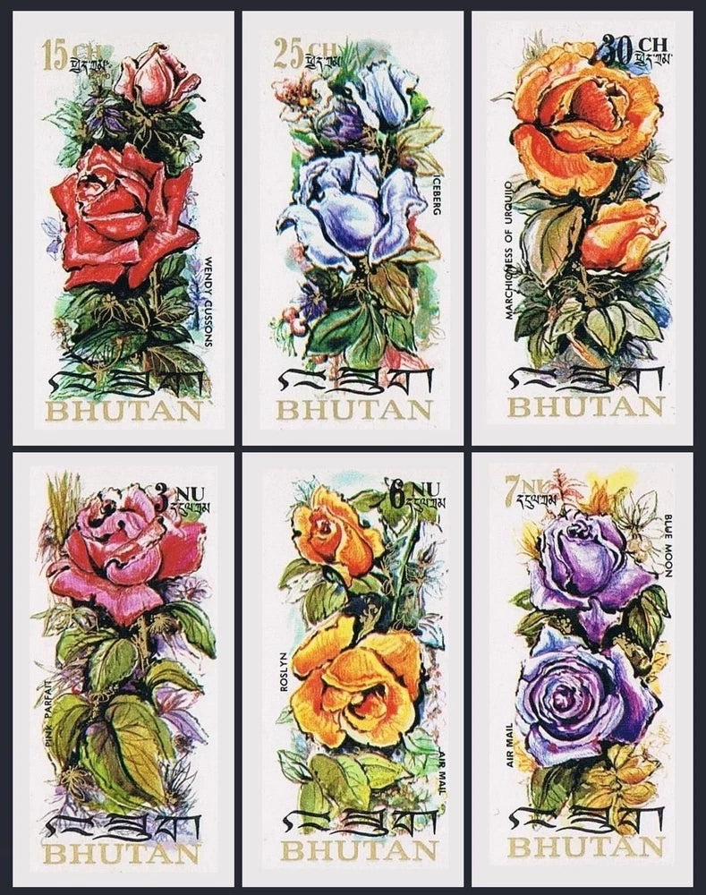 Bhutan vintage rose postage stamp set, six colorful rose designs on beige