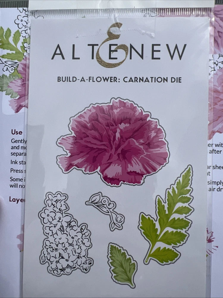 Altenew carnation stamp and die set with flower, leaf, and bird dies