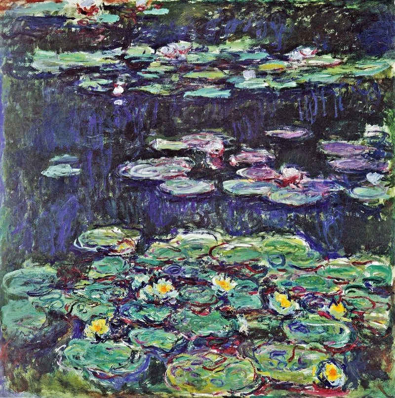 Water lilies canvas print with lily pads and yellow flowers on a colorful pond scene