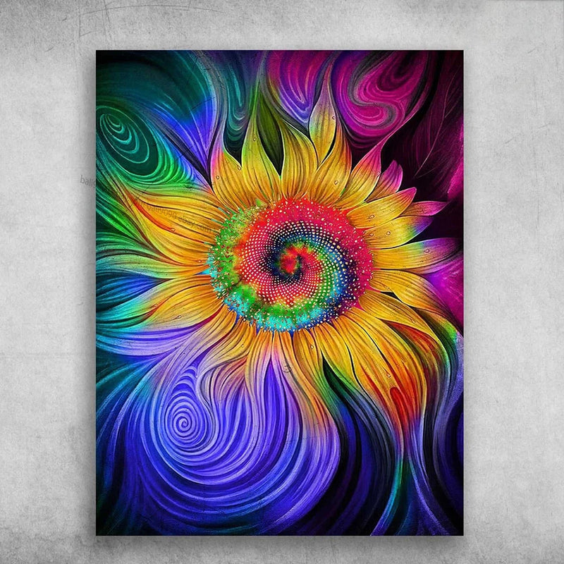 Vibrant sunflower poster with rainbow swirl petals and bright patterned center