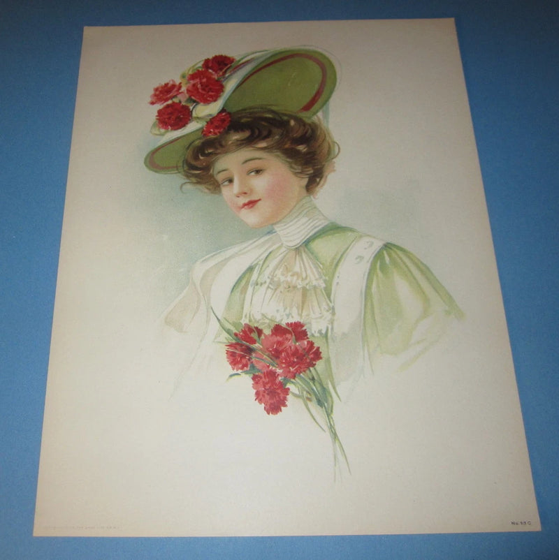 Old Vintage 1908 - Antique VICTORIAN PRINT - Lady - RED CARNATION Flower HAT Carnation