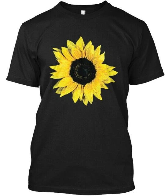 Black oversized T-shirt with large yellow sunflower graphic on the front