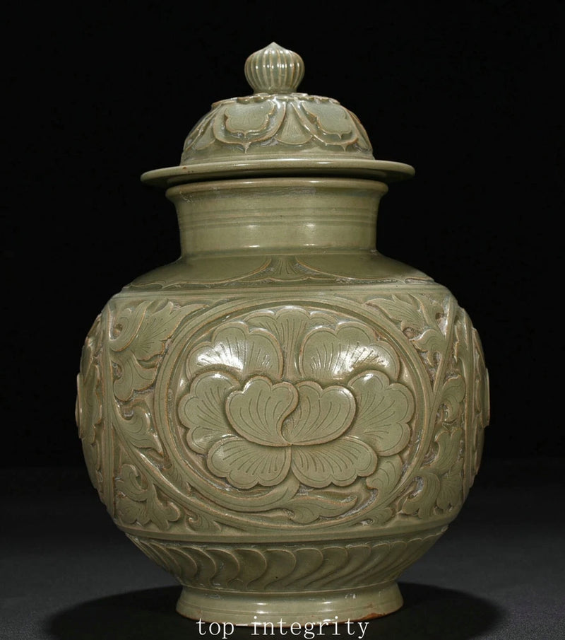 Light green porcelain pot jar with lidded top and raised peony floral relief