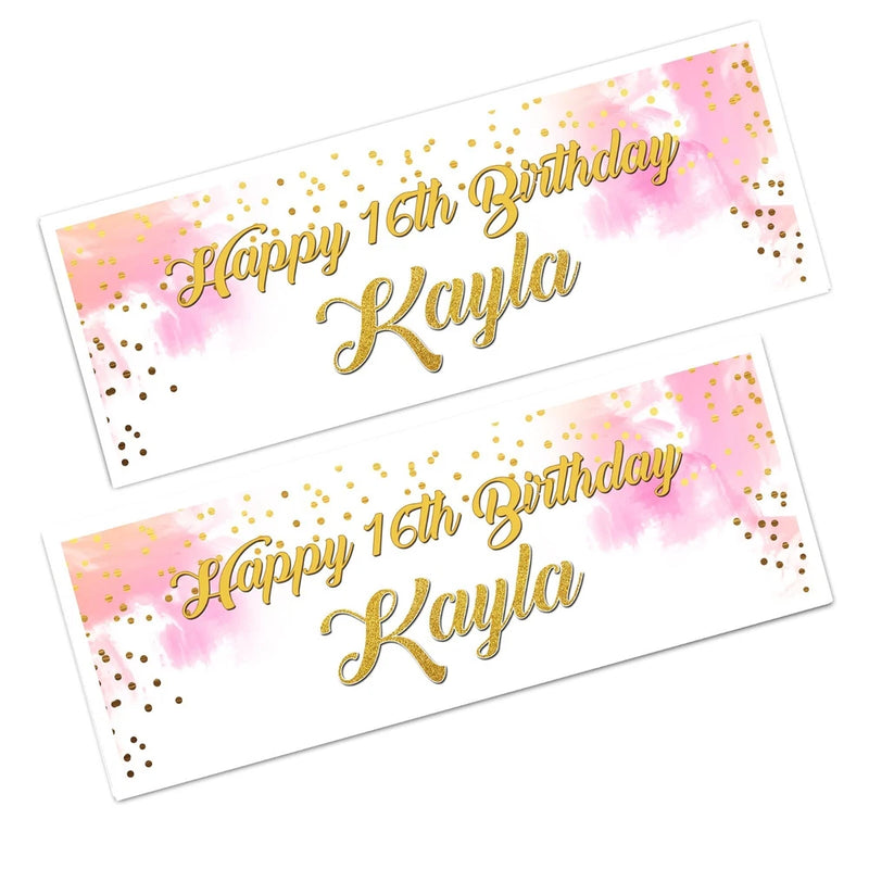 Personalised birthday banner, Happy 16th Birthday Kayla in gold script with pink confetti