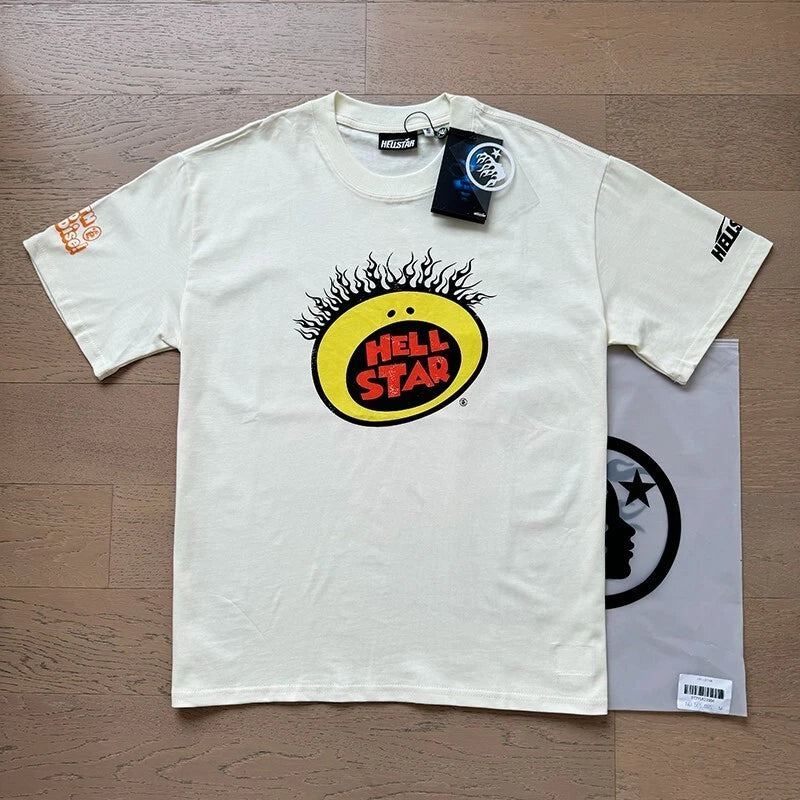 Men's white cotton T-shirt with Hell Star circular flame graphic, short sleeves