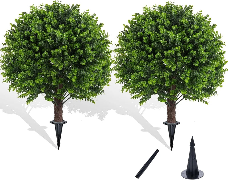 Artificial boxwood topiary trees, 2-pack, with faux green foliage and spike stakes