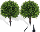 Artificial Boxwood Topiary Outdoor Plants with Spike, 2 Pack Faux C Green Plant