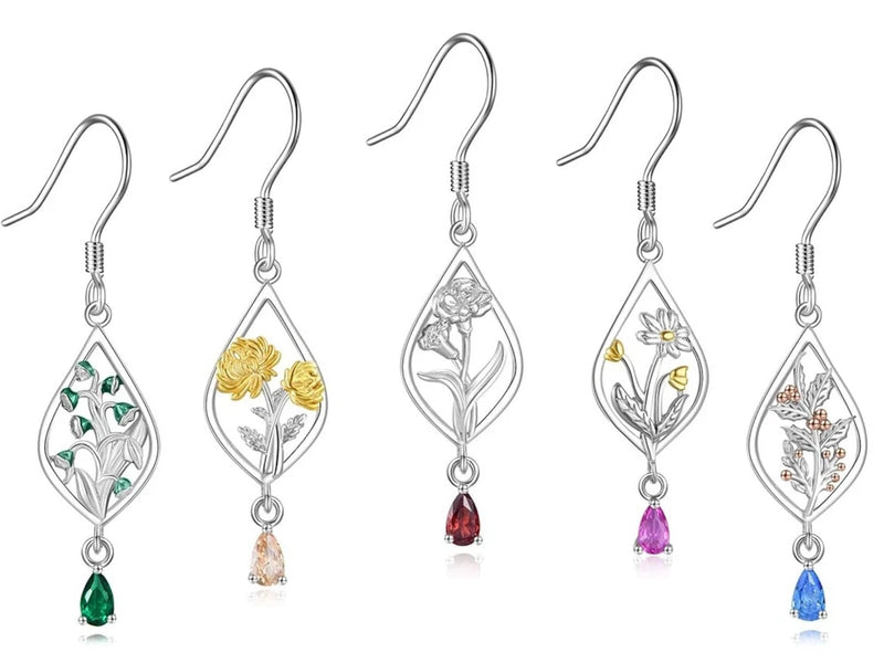 Sterling silver flower drop dangle earrings with colored hanging birthstone charms